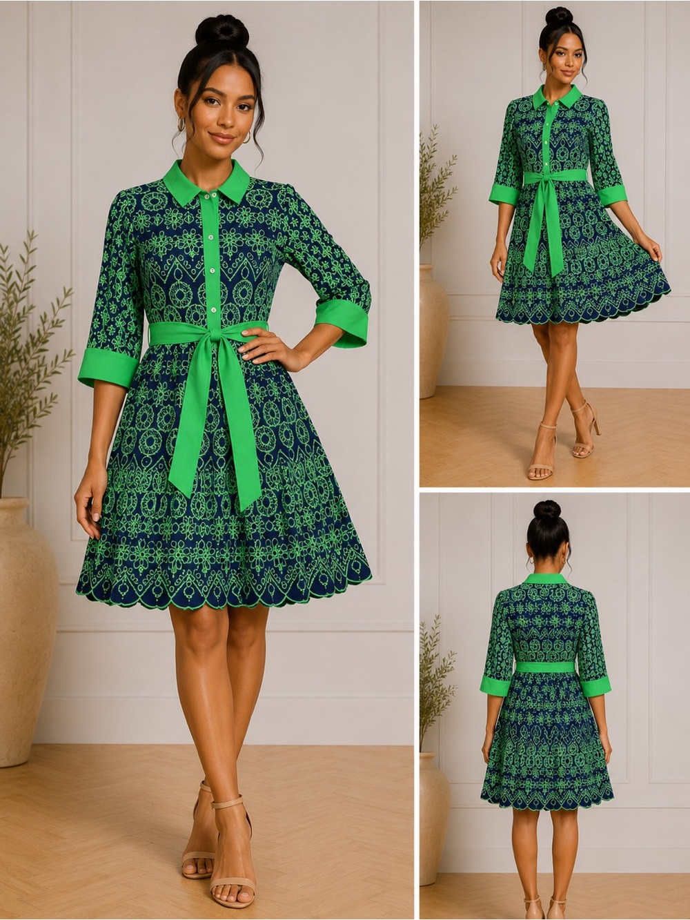 Gretchen Scott Designs Vibrant Green and Navy Midi Dress Size: Small
